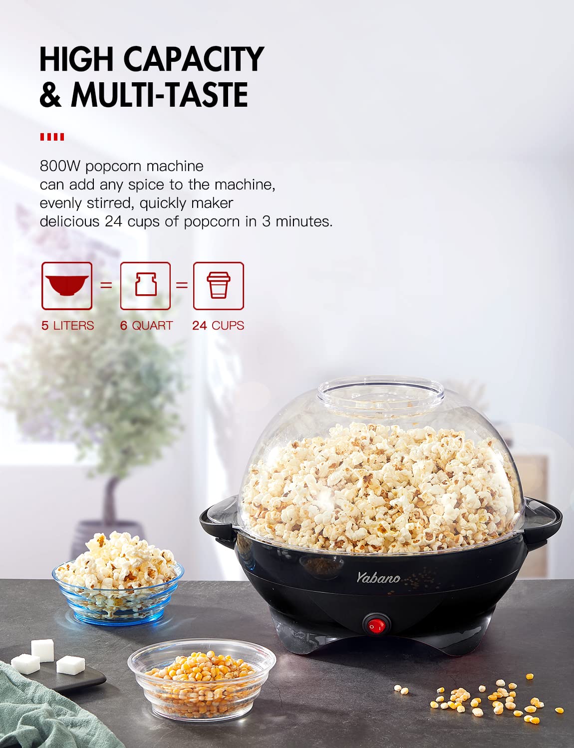 Popcorn Machine, 6-Quart Popcorn Popper maker, Nonstick Plate, Electric Stirring with Quick-Heat Technology, Cool Touch Handles (Black)