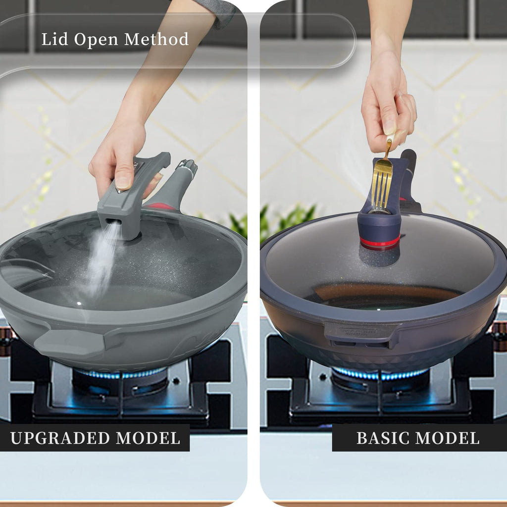 TIBORANG Nonstick 8 in 1 Multipurpose Woks and Stir Fry Pans,12.6 Inch 6L Heat Indicator Diecast Aluminum Titanium Coating Chinese Wok Pan with Lid, Silicone Spatula,Steamed Grid (Steel Grey)…