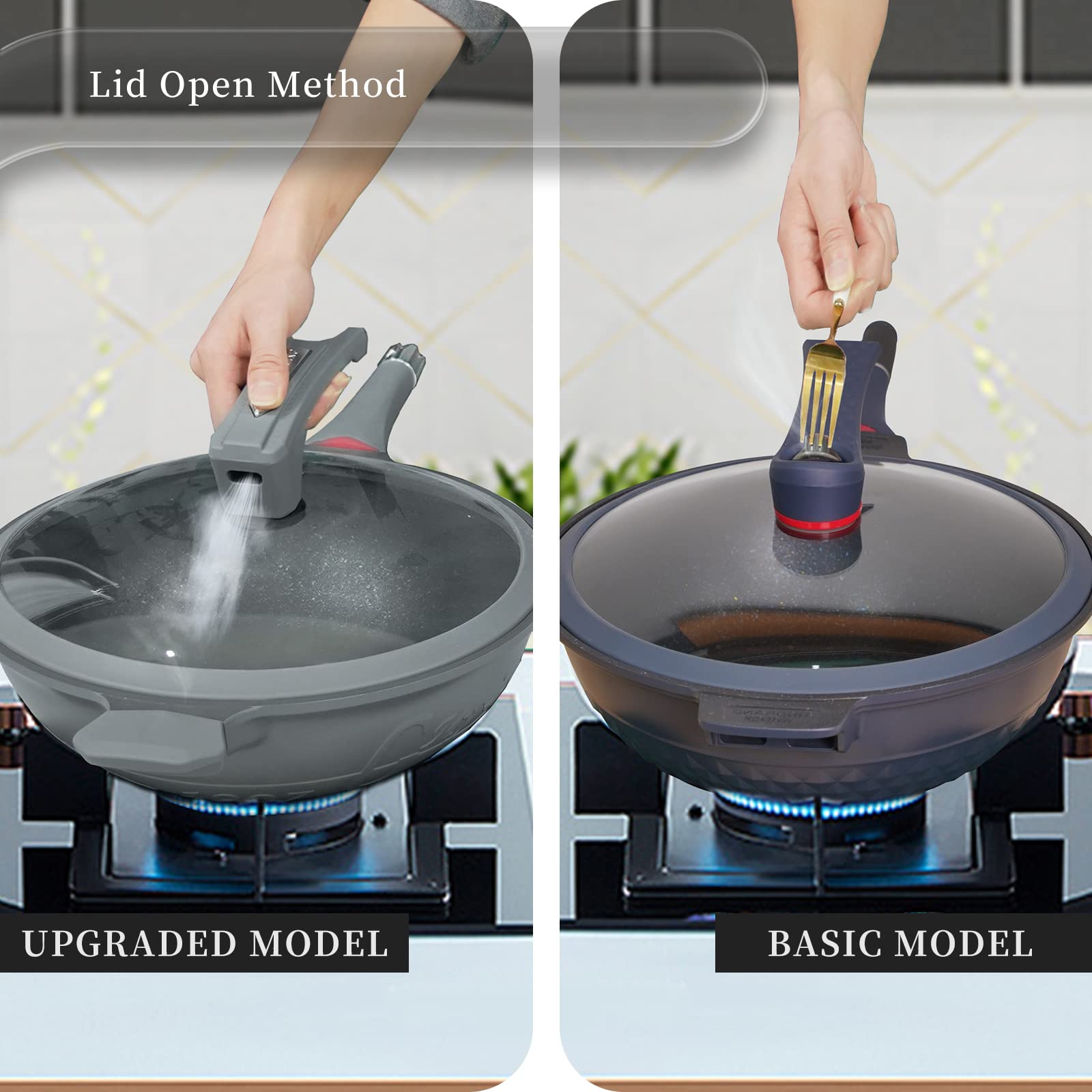 TIBORANG Nonstick 8 in 1 Multipurpose Woks and Stir Fry Pans,12.6 Inch 6L Heat Indicator Diecast Aluminum Titanium Coating Chinese Wok Pan with Lid, Silicone Spatula,Steamed Grid (Steel Grey)…