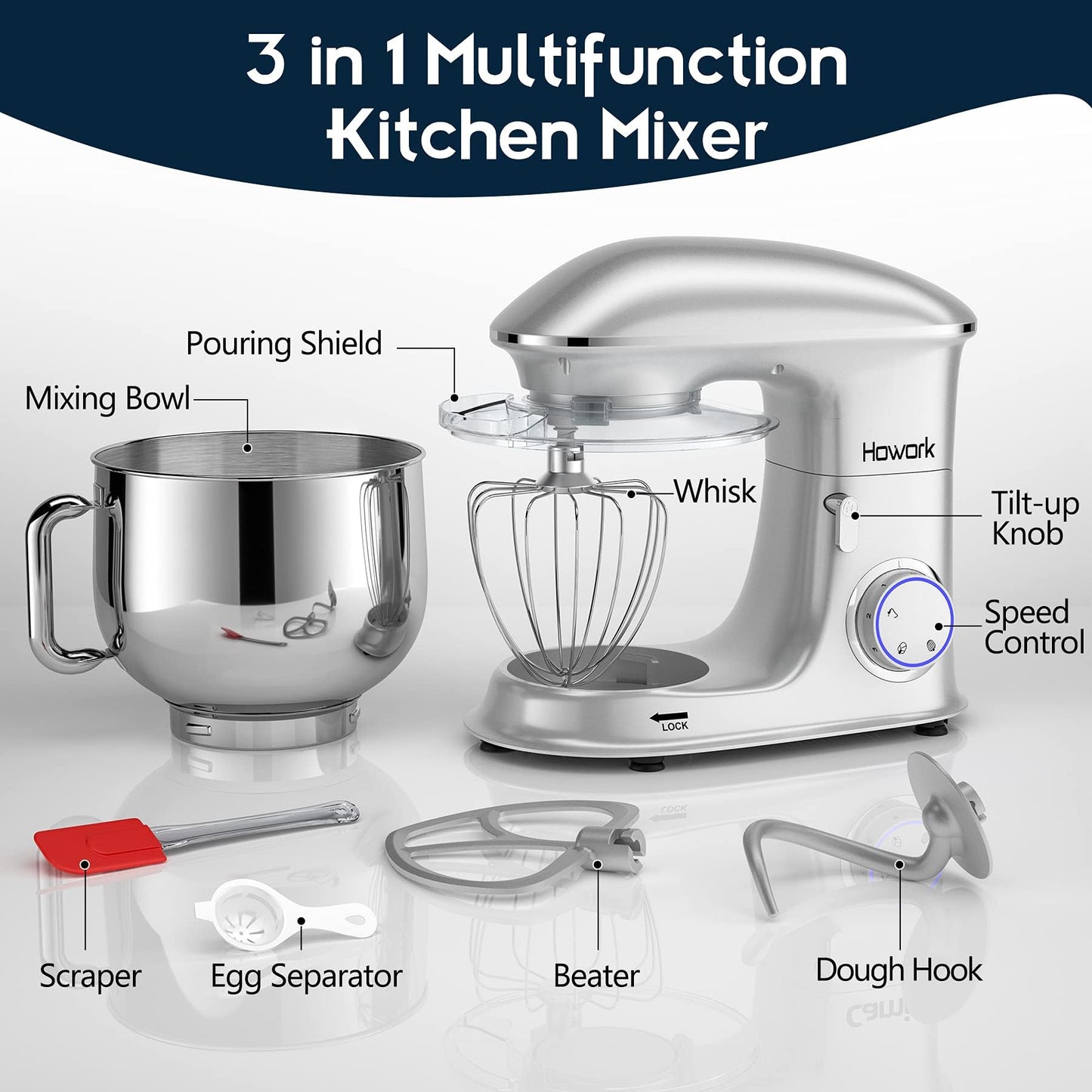 HOWORK 8.5QT Stand Mixer, 660W 6+P Speed Tilt-Head, Electric Kitchen Mixer With Dishwasher-Safe Dough Hook, Beater, Wire Whip & Pouring Shield(8.5 QT, Silver)