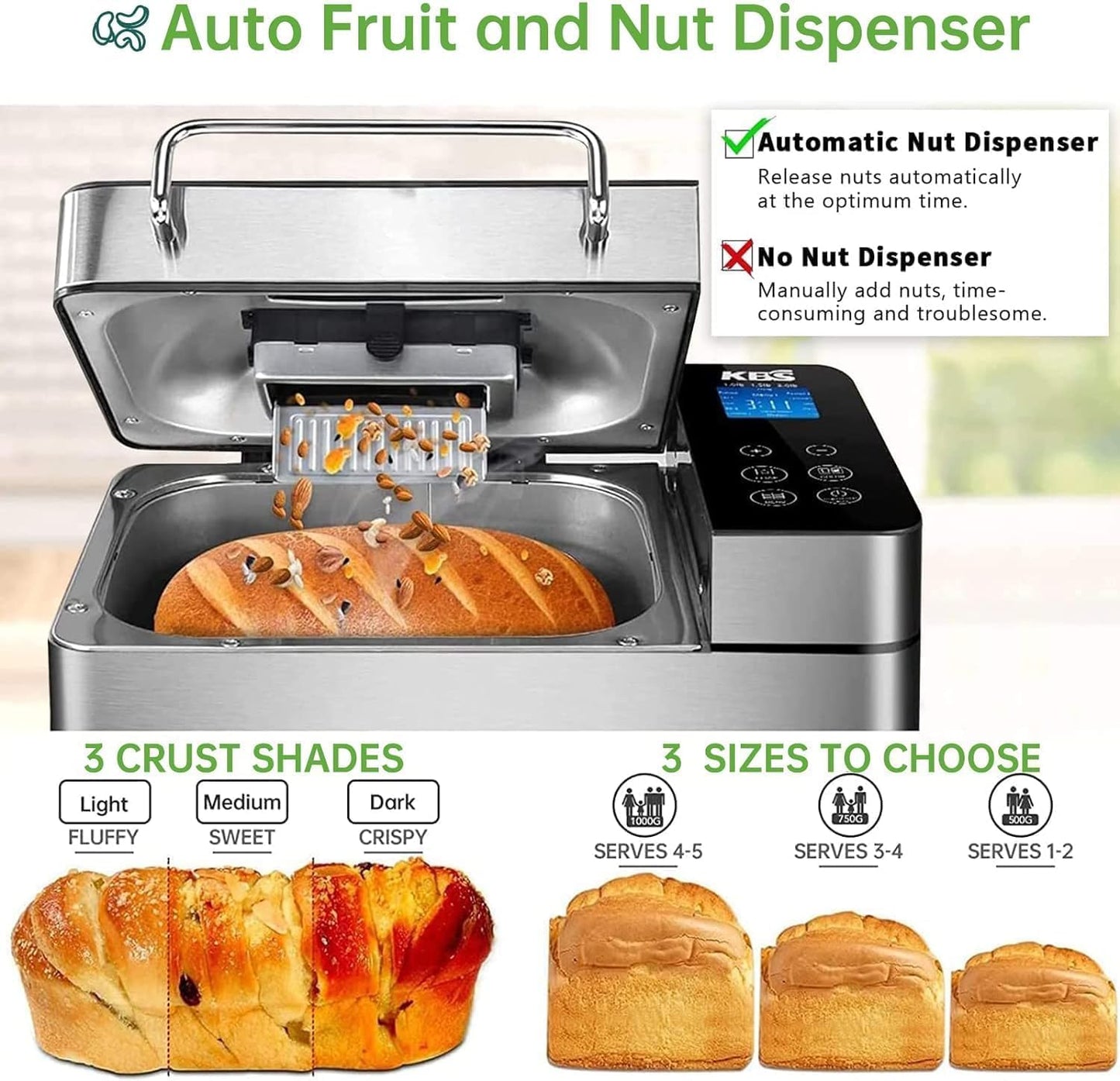 KBS Pro Stainless Steel Bread Machine, 2LB 17-in-1 Programmable XL Bread Maker with Fruit Nut Dispenser, Nonstick Ceramic Pan& Digital Touch Panel, 3 Loaf Sizes 3 Crust Colors, Reserve& Keep Warm Set