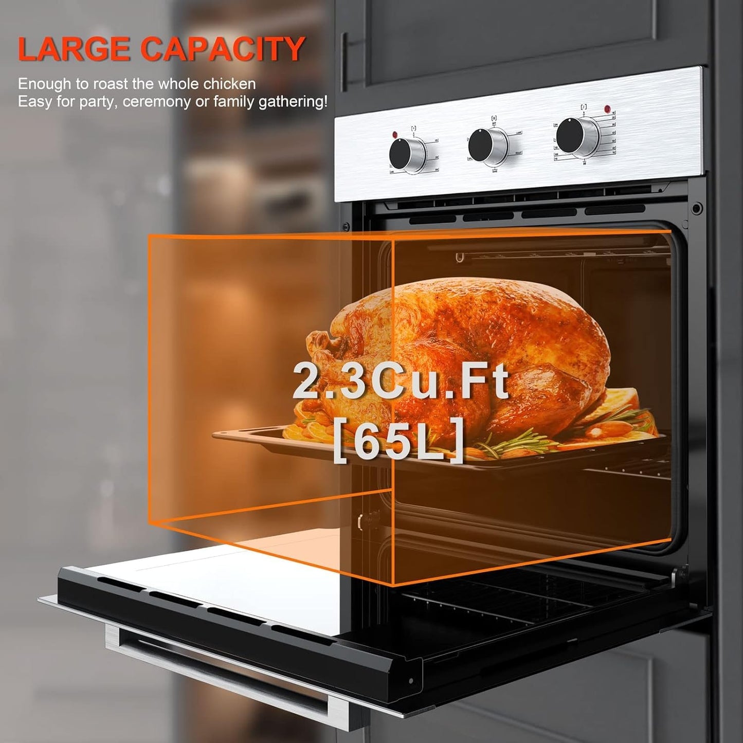 24" Single Wall Oven, 2.3 Cu.ft. Built-in Electric Wall Oven 5 Cooking Functions Roast Bake Grill Broil, Mechanical Knobs Control, Stainless Steel Finish, for Kitchen, ETL Certified