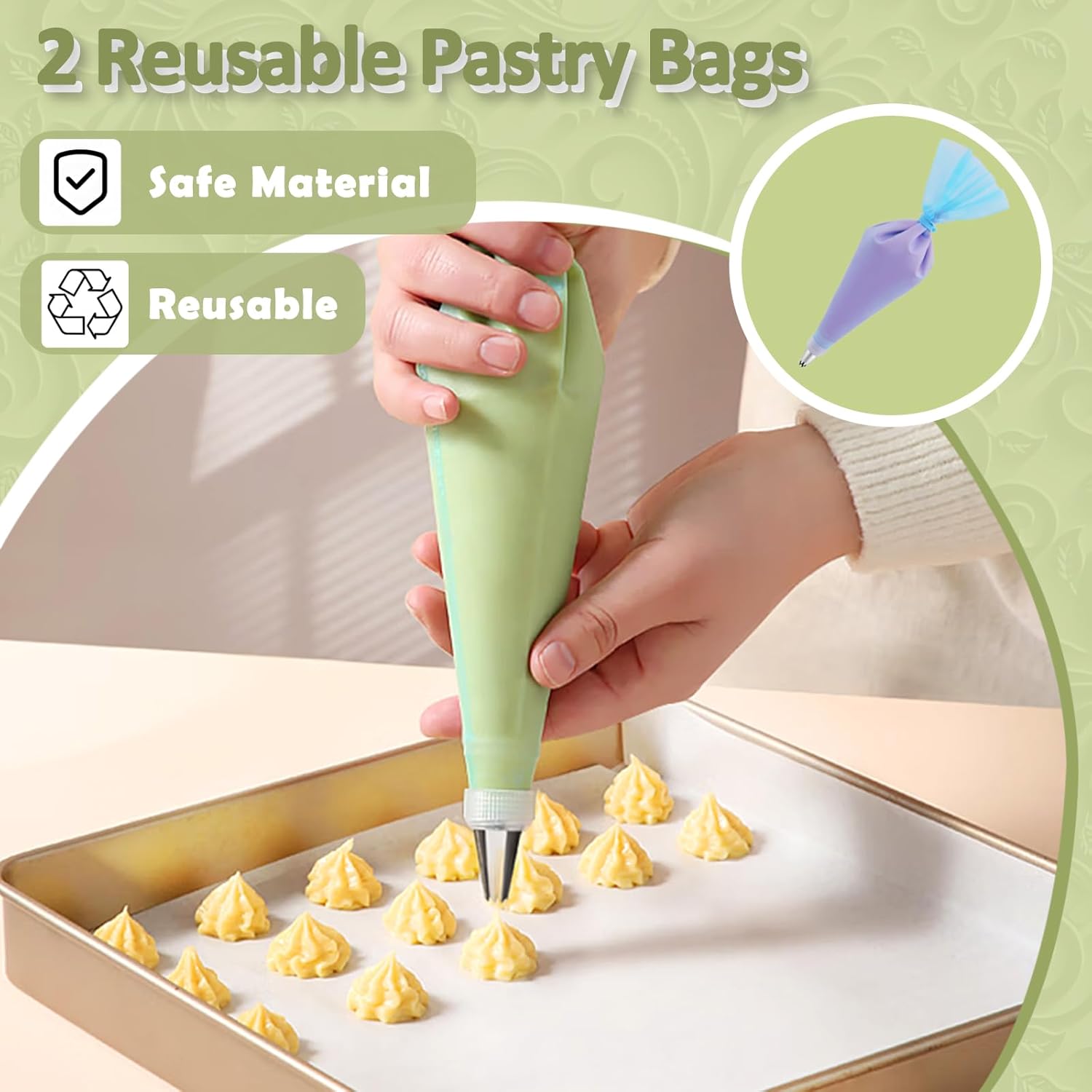 FANTEXY 33-Pieces Piping Bags and Tips Set, Reusable Cake Decorating Kit with 2 Pastry Bags, 24 icing tips, 2 Couplers, 2 Silicone Rings and 3 Scrapers, Cupcake Frosting Piping kit