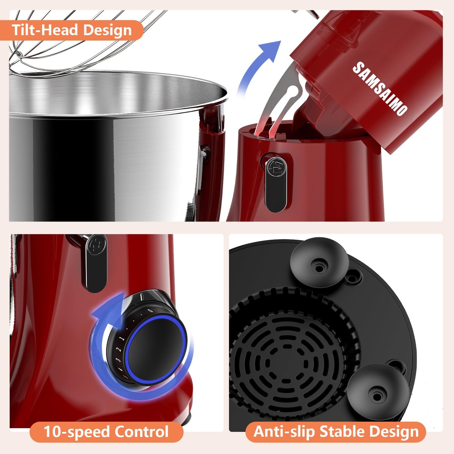 SAMSAIMO 3-IN-1 Electric Stand Mixer, 660W 10-Speed With Pulse Button, Attachments include 6.5QT Bowl, Dough Hook, Beater, Whisk for Most Home Cooks, Empire Red