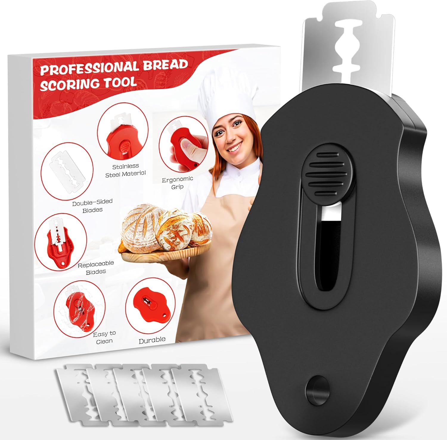 Magnetic Bread Lame Dough Scoring Tool, Professional Sourdough Scoring Tool for Sourdough Bread Baking, Bread Making Knife, Extractable Bread Scoring Tool with 5 Razor Blades&Scoring Patterns Booklet