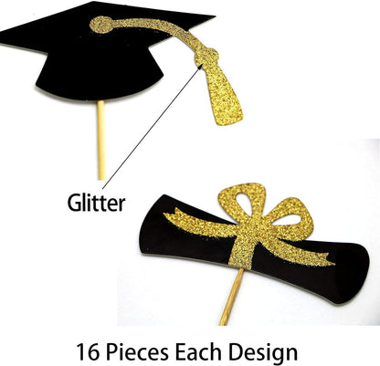 2025 Graduation Cupcake Toppers, 48 PCS Food/Appetizer Picks For Graduation Party Mini Cake Decorations, Diploma, 2025, Grad Cap Set 48 Pieces (01 Gold)