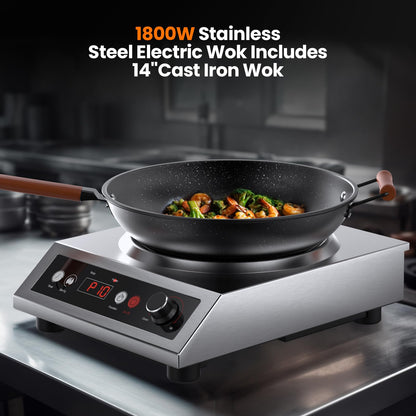 VEXMAECY 1800W Induction Wok,Stainless Steel Electric Wok Used For Home And Commercial,Temp From 140°F to 460°F,Concave Surface Dual Control 10 Power 24H Timer,14-inch Cast Iron Wok Included