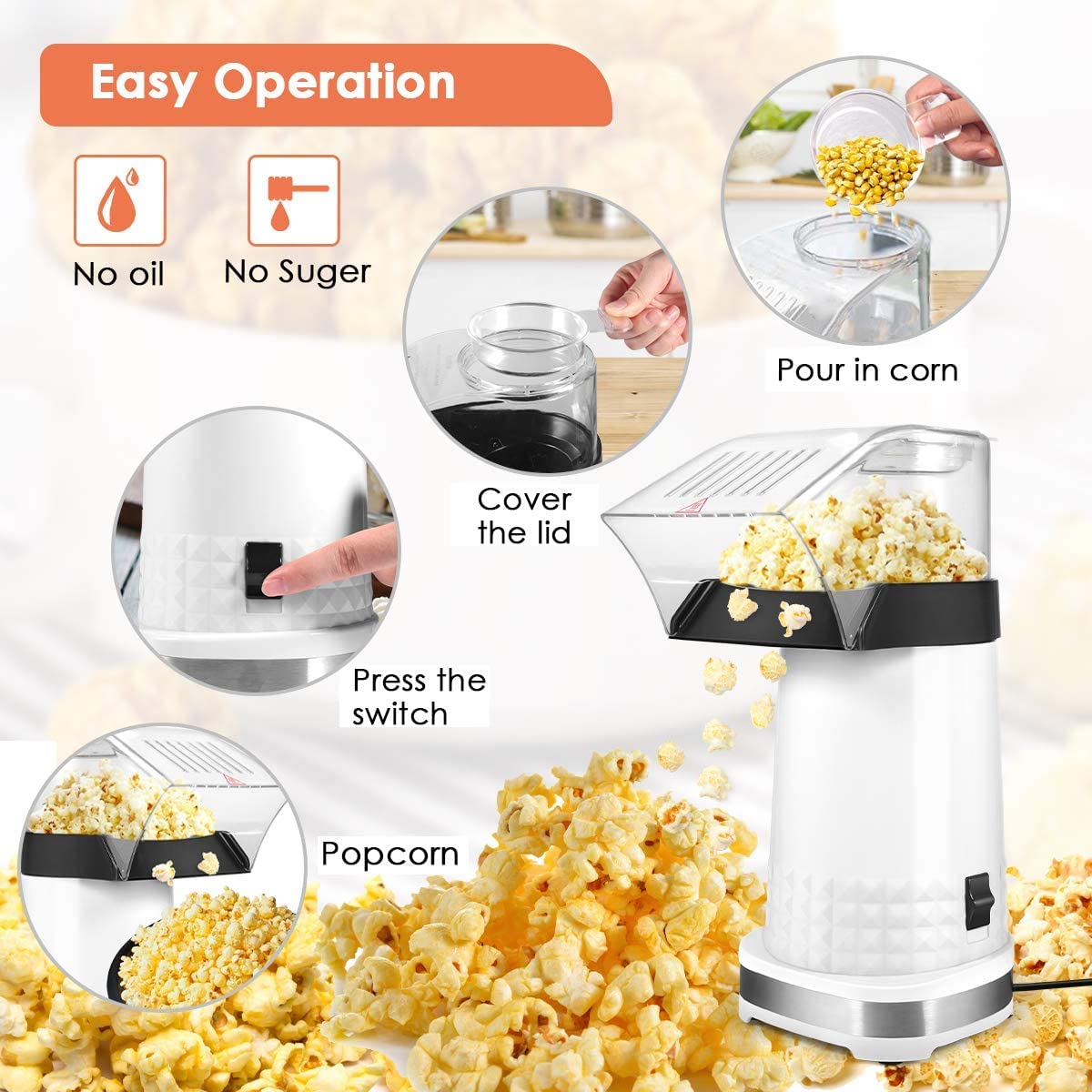 Popcorn Machine, 4.5 Quarts On/Off Switch, High Popping Rate & 2 Min Fast Popping Air Popper Popcorn Maker, 1200w, No Oil, BPA-Free, ETL Certified Popcorn Maker Machine, Popcorn Poppers for Home