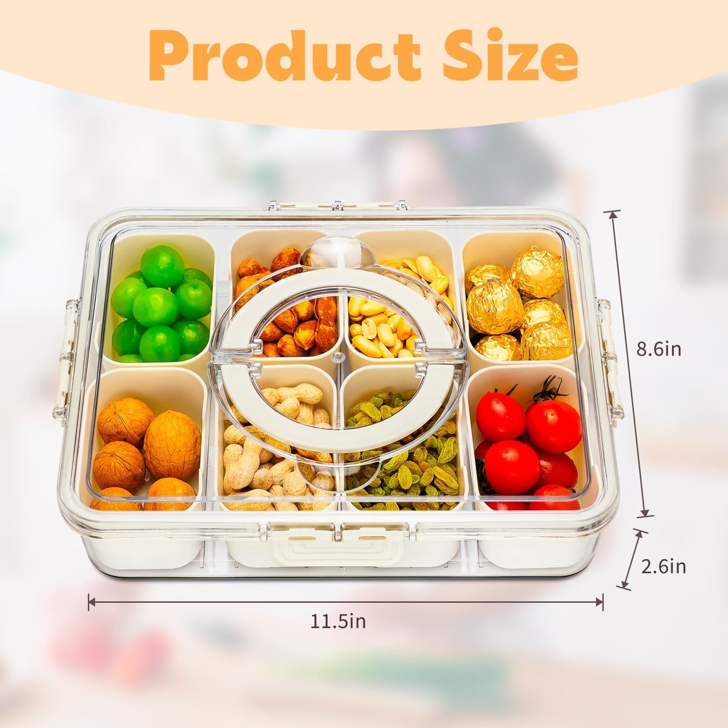 Divided Serving Tray with Lid and Handle,8 Compartments Snacks Box,Snack Fruit and Veggie Tray,Portable Platter for Candy Fruits Nuts Snack Party Entertaining Picnic (1 PCS)