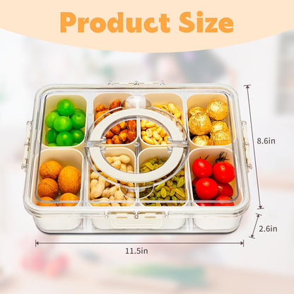 Divided Serving Tray with Lid and Handle,8 Compartments Snacks Box,Snack Fruit and Veggie Tray,Portable Platter for Candy Fruits Nuts Snack Party Entertaining Picnic (1 PCS)