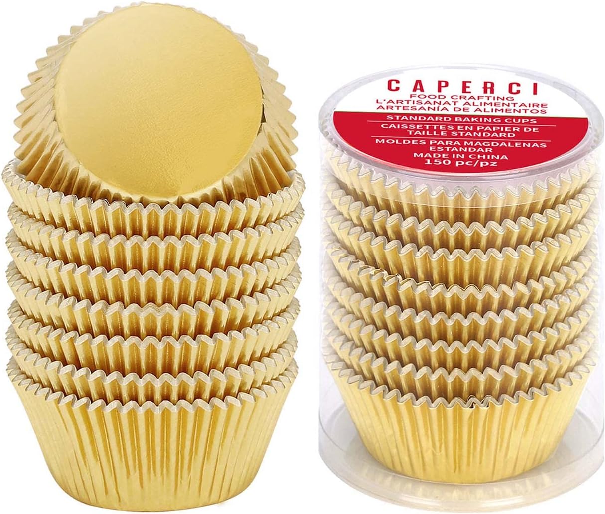 Caperci Standard Cupcake Liners Gold Foil Muffin Baking Cups 150-Pack - Premium Greaseproof & Sturdy Cupcake Papers