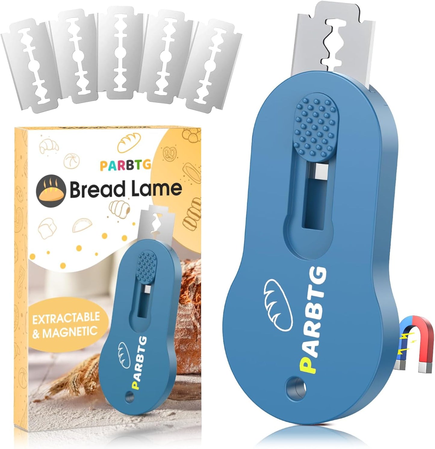 Bread Lame Dough Scoring Tool, Extractable & Magnetic Sourdough Scoring Tool for Sourdough Bread Baking, Bread Making, Bread Scoring Tool with 5 Razor Blades, Scoring Patterns booklet, Blue