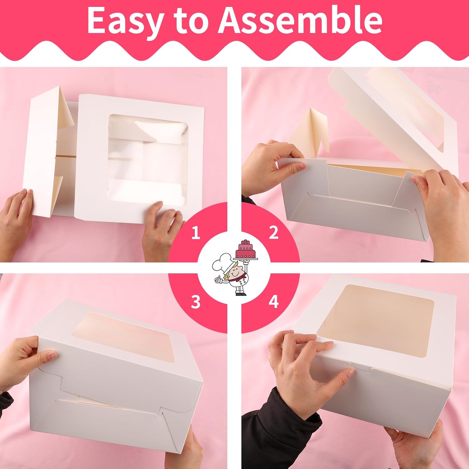 4 Pack Cake Boxes 10 Inch, Disposable Cake Transport Container, White Bakery Boxes with Large Window, for Cookies Pies Cupcakes Pastry (10×10×5 Inches)