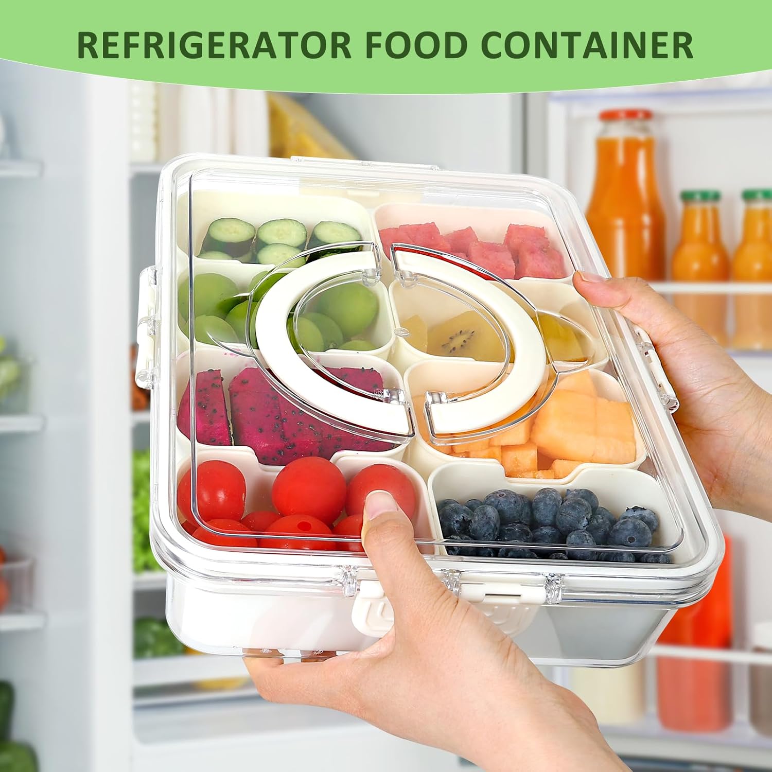 Divided Serving Tray with Lid and Handle - 8 Compartment Snackle Box Charcuterie Container，Portable Snack Box for Travel,Party,Picnic,Beach - Clear Food Organizer for Candy, Fruits, veggie, Snack