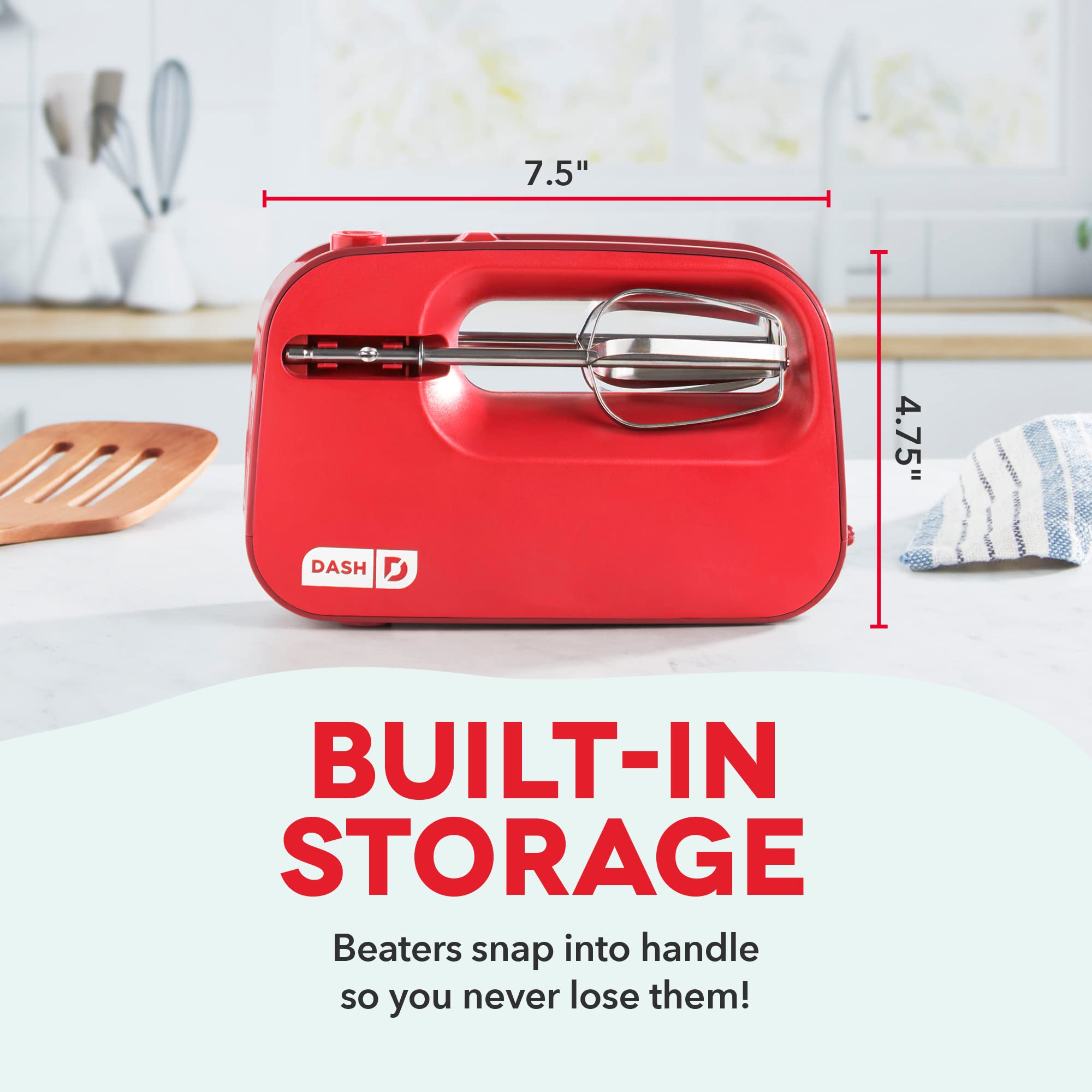 Dash SmartStore™ Kompaktowy mikser ręczny elektryczny do ubijania i mieszania ciasteczek, brownie, ciast, ciasta, masy, bez i nie tylko, 3 prędkości, 150 W - czerwony