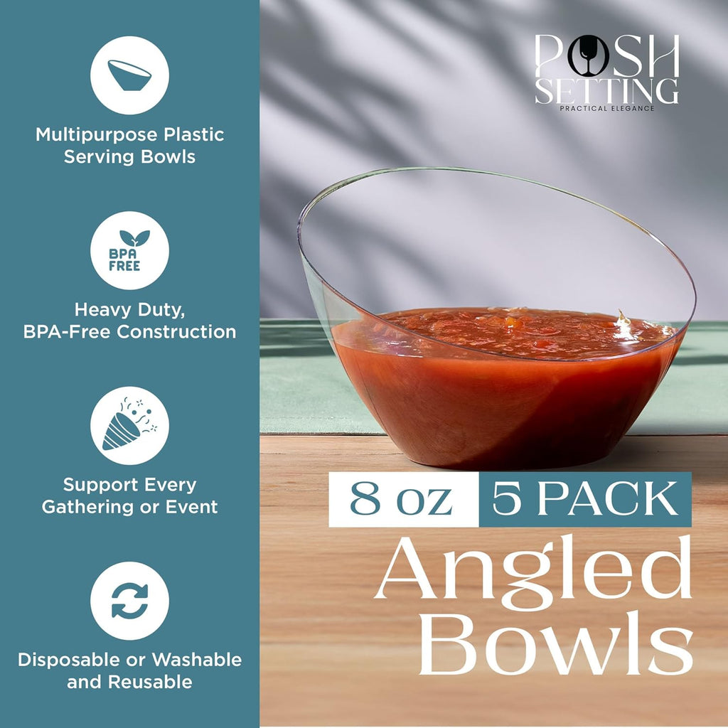 Posh Setting Clear Serving Bowls Small Hard Plastic Candy Bowl for Weddings, Buffet, Offices, Disposable Small Angled Bowls for Party's, Salads, Snacks and Fruit Bowl 5 Pack