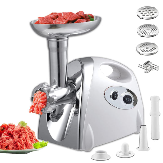 VNIMTI Electric Meat Grinder, Heavy Duty Meat Grinders 2800W, Stainless Sausage Maker Meat Mincer Machine with Blade, 3 Plates, Sausage Stuffer Tube and Kubbe Kit for Home Kitchen Use (2800W-White)