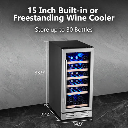 Kalamera Mini Fridge 15" Wine Cooler Refrigerator - 30 Bottle Wine Fridge with Stainless Steel Refrigerator& Double-Layer Tempered Glass Door and Temperature Memory Function Built-in or Freestanding