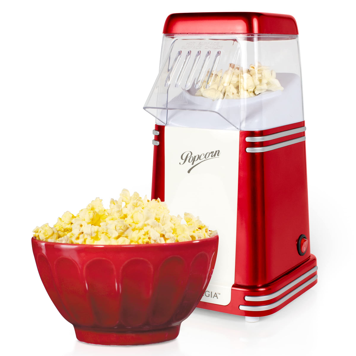 Nostalgia Hot-Air Elektryczna Maszyna Do Popcornu, 8 Kubków, Zdrowy Popcorn Bez Oleju z Miarką, Retro Czerwony