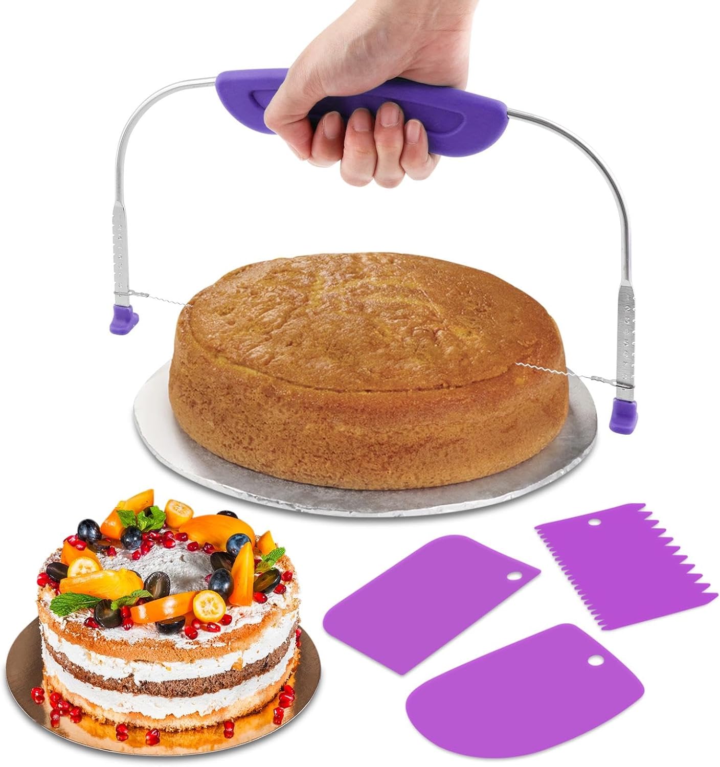 JIANWEI Adjustable Cake Leveler and Scraper Set, 4pcs Decorating Kit, Large Size Slicer, Decorating Comb, Pastry Cutter for Mousse Butter Cream (Purple)