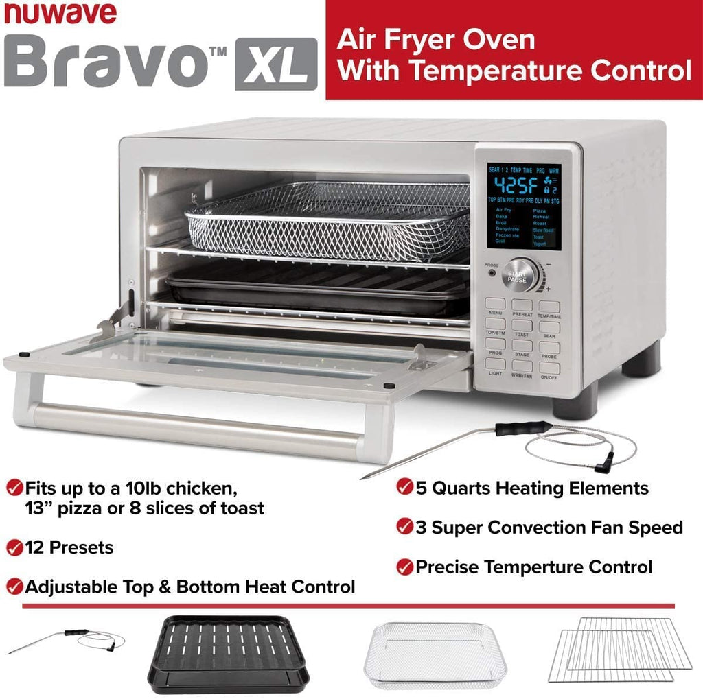 Nuwave Bravo Air Fryer Toaster Smart Oven, 12 w 1, konwekcja blatowa, pojemność 30 qt XL, sterowanie temperaturą 50°–500°F, regulacja grzałki górnej i dolnej 0%–100%, wygląd szczotkowanej stali nierdzewnej (odnowiony)