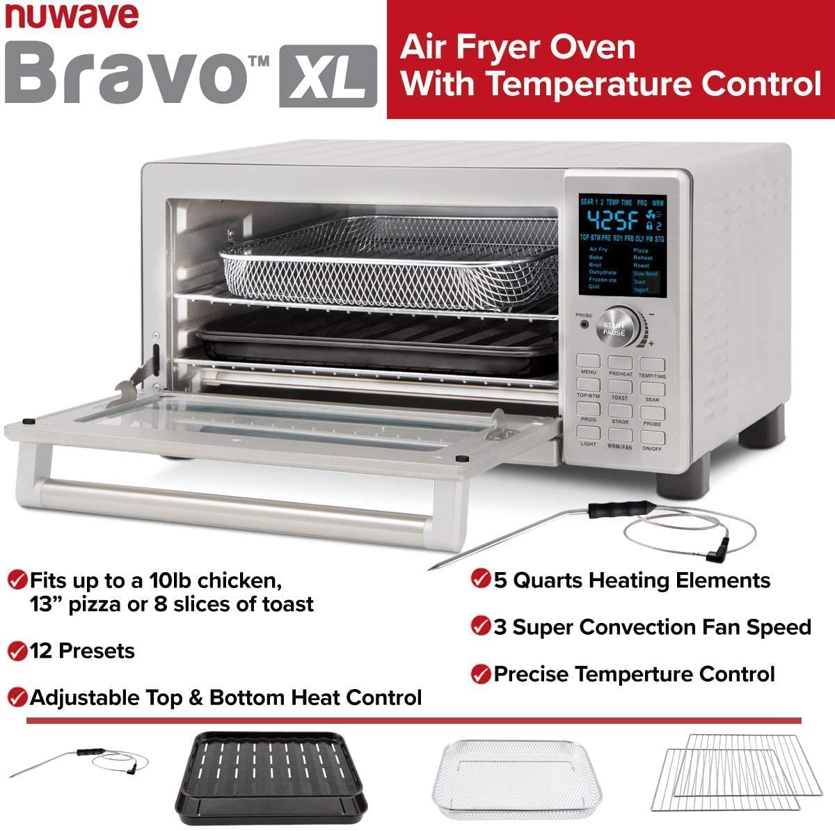 Nuwave Bravo Air Fryer Toaster Smart Oven, 12 w 1, konwekcja blatowa, pojemność 30 qt XL, sterowanie temperaturą 50°–500°F, regulacja grzałki górnej i dolnej 0%–100%, wygląd szczotkowanej stali nierdzewnej (odnowiony)