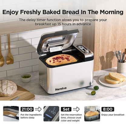 Neretva Bread Maker, 3.3LB Larger Bread Machine 15-in-1 Stainless Steel & Nonstick Ceramic Pan & Auto Nut Dispenser Breadmaker Machines Full Touch Panel with Gluten Free White Wheat Rye French Pizza