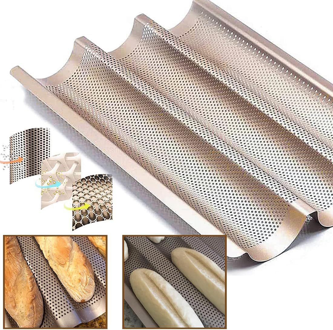 Baguette Pan, French Bread Baking Pan Perforated 3 Loaves Long Italian Bread Pan Mold Nonstick Baguettes Bakery Tray with Proofing Cloth,15"x11"