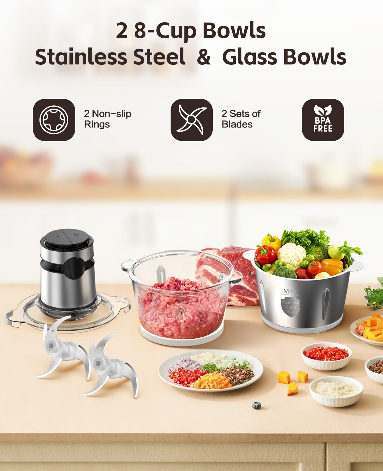 Electric Food Processor Chopper Meat Grinder - 8 Cup Veggie Chopper with 2 Bowls, 2-Speed, Bi-Level Blades, vegetable cutter For Vegetable, Nuts, Onion, Garlic, Baby Food & Family Use