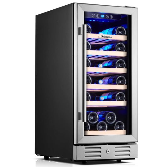 Kalamera Mini Fridge 15" Wine Cooler Refrigerator - 30 Bottle Wine Fridge with Stainless Steel Refrigerator& Double-Layer Tempered Glass Door and Temperature Memory Function Built-in or Freestanding