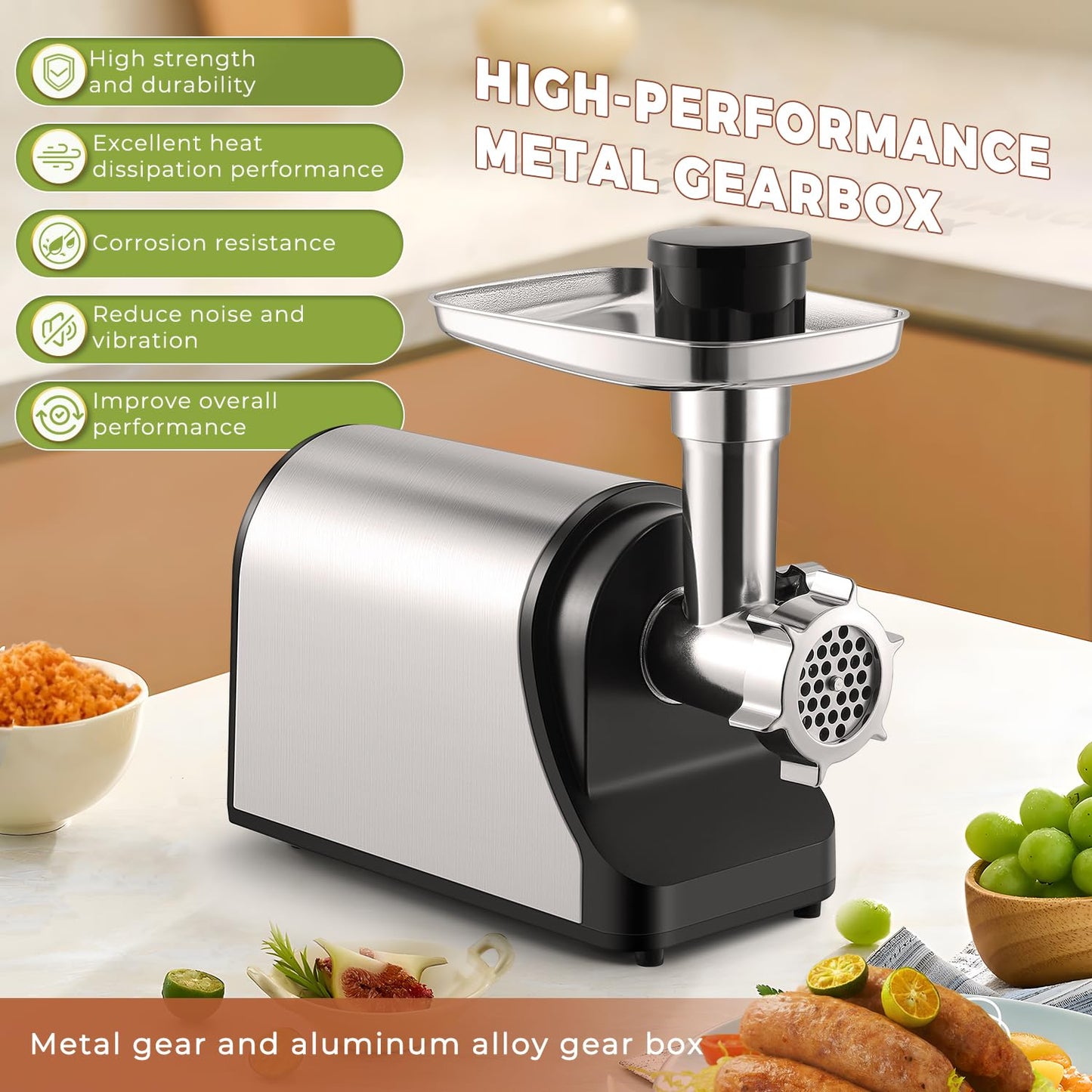 Flyseago Electric Meat Grinder 3200W Heavy Duty Commercial Meat Grinders, Sausage Stuffer, Kubbe Kit with 2 Cutting Blades, 3 Grinding Plates, 3 Sausage Tubes, Metal Gearbox Meat Grinder for Home Use