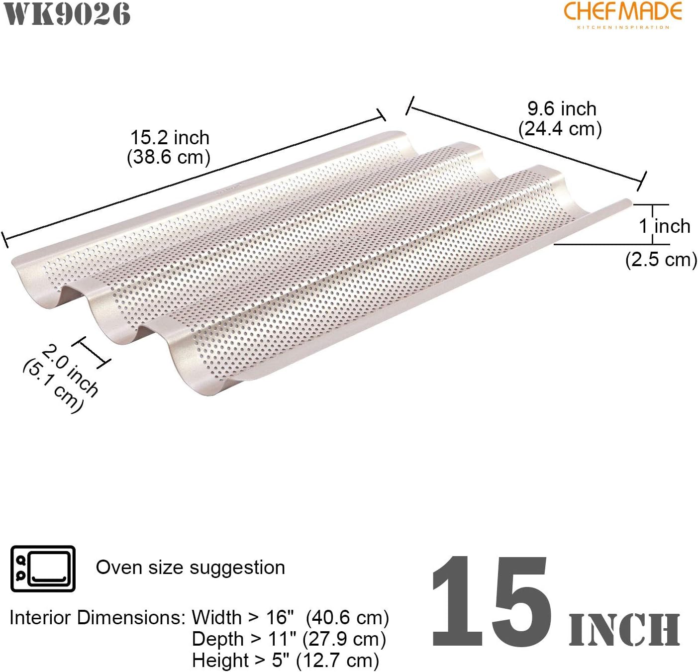 CHEFMADE Perforated Baguette Pan, 15-Inch 3 Wave Loaves Non-Stick Ultra-Ventilate French Bread Pan 2-Inch Channel for Oven Baking 15.2" x 9.6" (Champagne Gold)