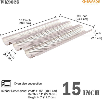 CHEFMADE Perforated Baguette Pan, 15-Inch 3 Wave Loaves Non-Stick Ultra-Ventilate French Bread Pan 2-Inch Channel for Oven Baking 15.2" x 9.6" (Champagne Gold)