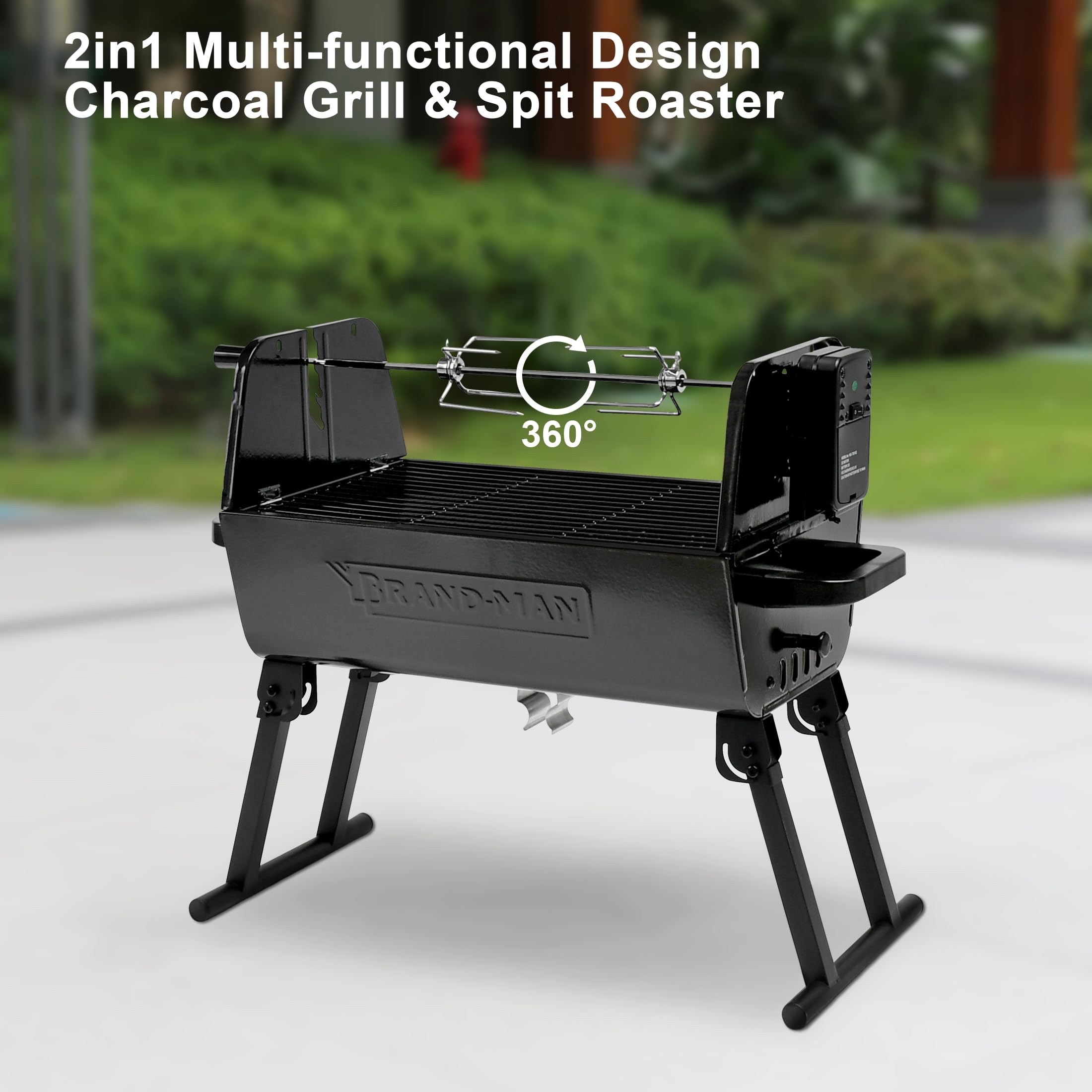 Grill Brand-Man 2 w 1 z zestawem do grillowania rożna, przenośny składany grill węglowy na zewnątrz, rożen ze stali nierdzewnej z silnikiem i regulowaną wysokością do podwórkowego kempingu, patio, imprezy tanecznej
