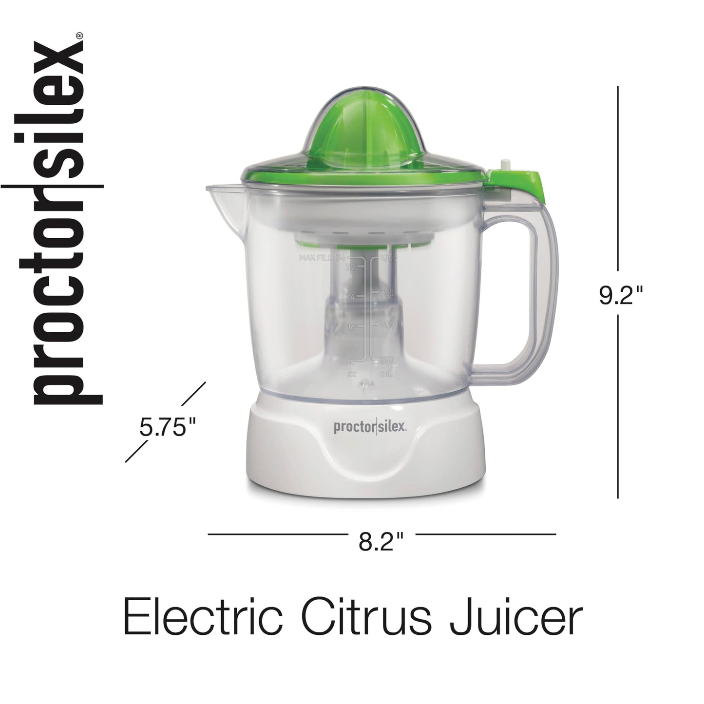 Proctor Silex Juicer Electric Citrus Juicer Machine, 34 oz., for Orange, Lemon, Grapefruit Juice, White and Green (66340)