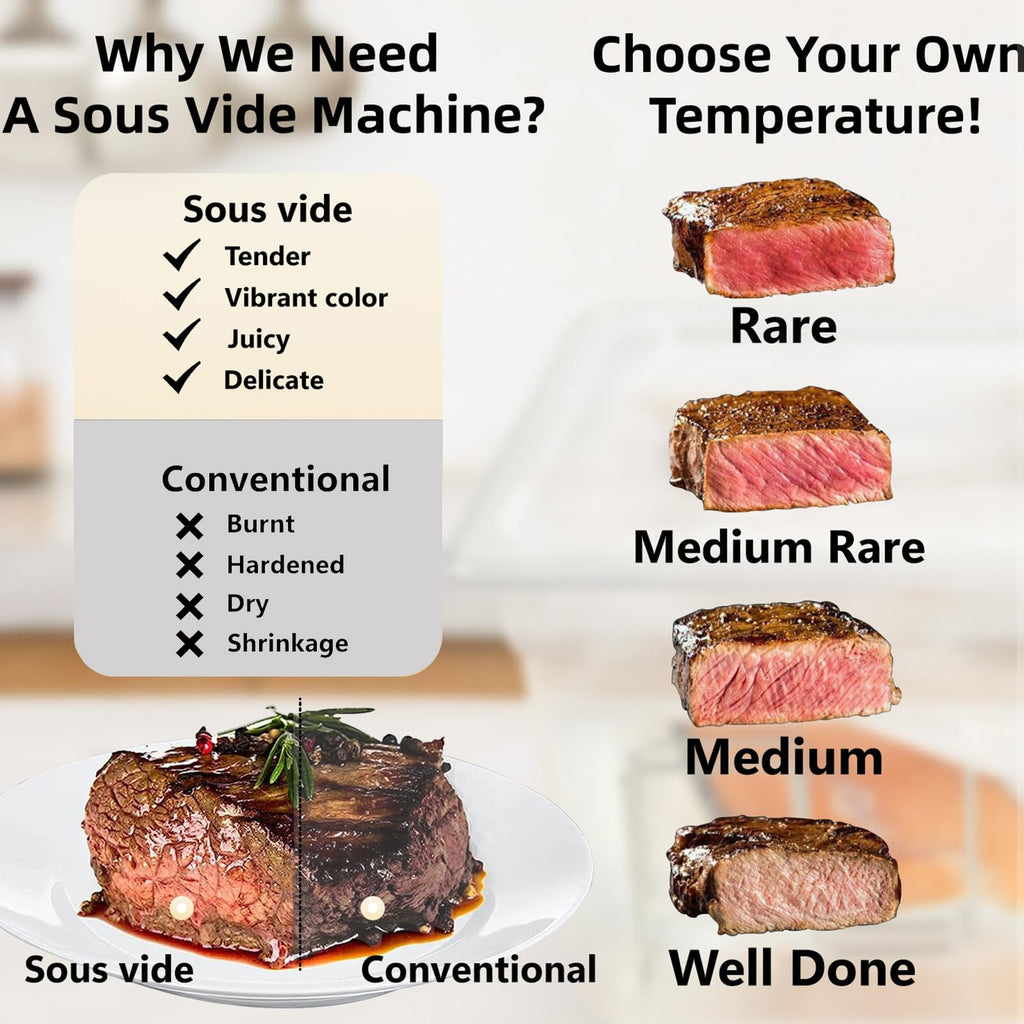 KURSINNA Sous Vide Machine, 1000 W Sous Vide Cooker, 15 dB Ultra-cichy cyrkulator zanurzeniowy z dokładnym cyfrowym timerem temperatury, IPX7 Wodoodporny precyzyjny garnek