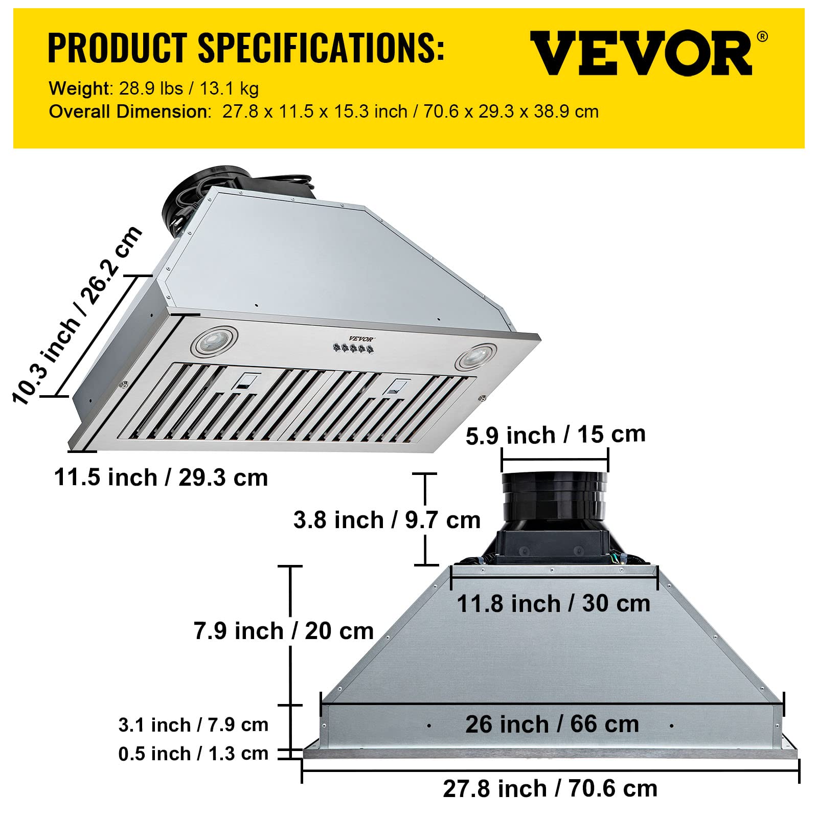 VEVOR Insert Range Hood, 800CFM 3-Speed, 30 Inch Stainless Steel Built-in Kitchen Vent with Push Button Control LED Lights Baffle Filters, Ducted/Ductless Convertible, ETL Listed…