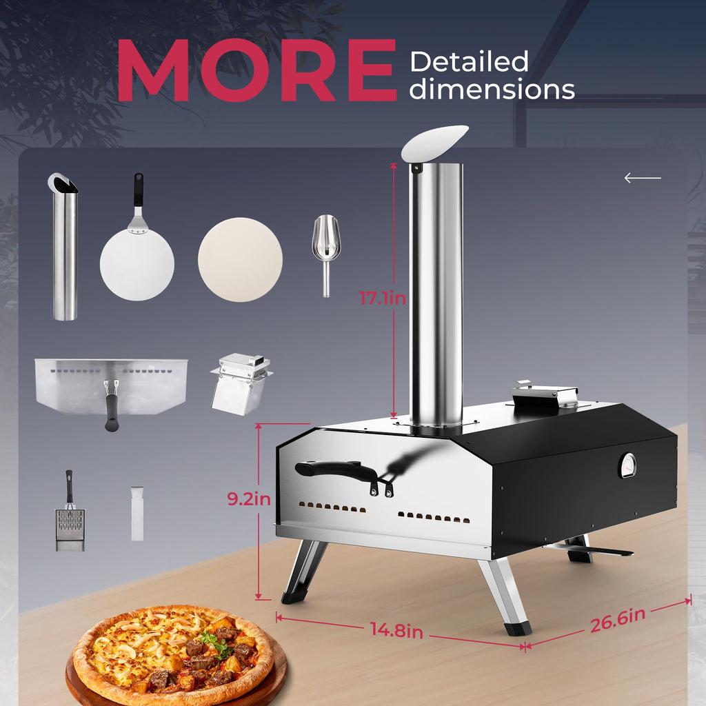 Icyglee 12" piec do pizzy na pelet drzewny, przenośny piec do pizzy opalany drewnem z obrotowym kamieniem do pizzy, grill do pizzy na blacie do ogrodu i na zewnątrz, czarny