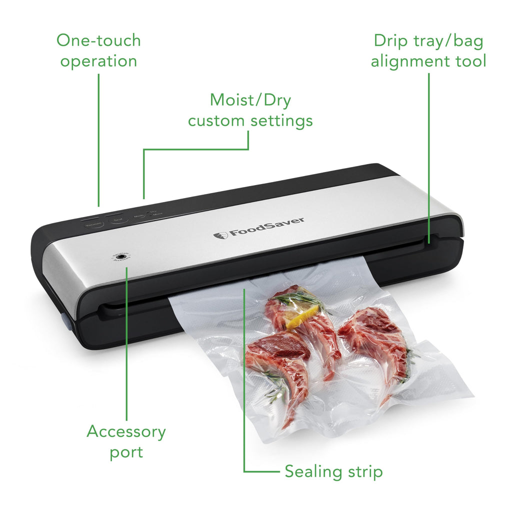 FoodSaver PowerVac Kompaktowa maszyna do pakowania próżniowego, stal nierdzewna i kolor czarny, przechowywanie pionowe, VS0150 | Zachowuje świeżość, zmniejsza ilość odpadów w torebkach, do żywności suchej i mokrej