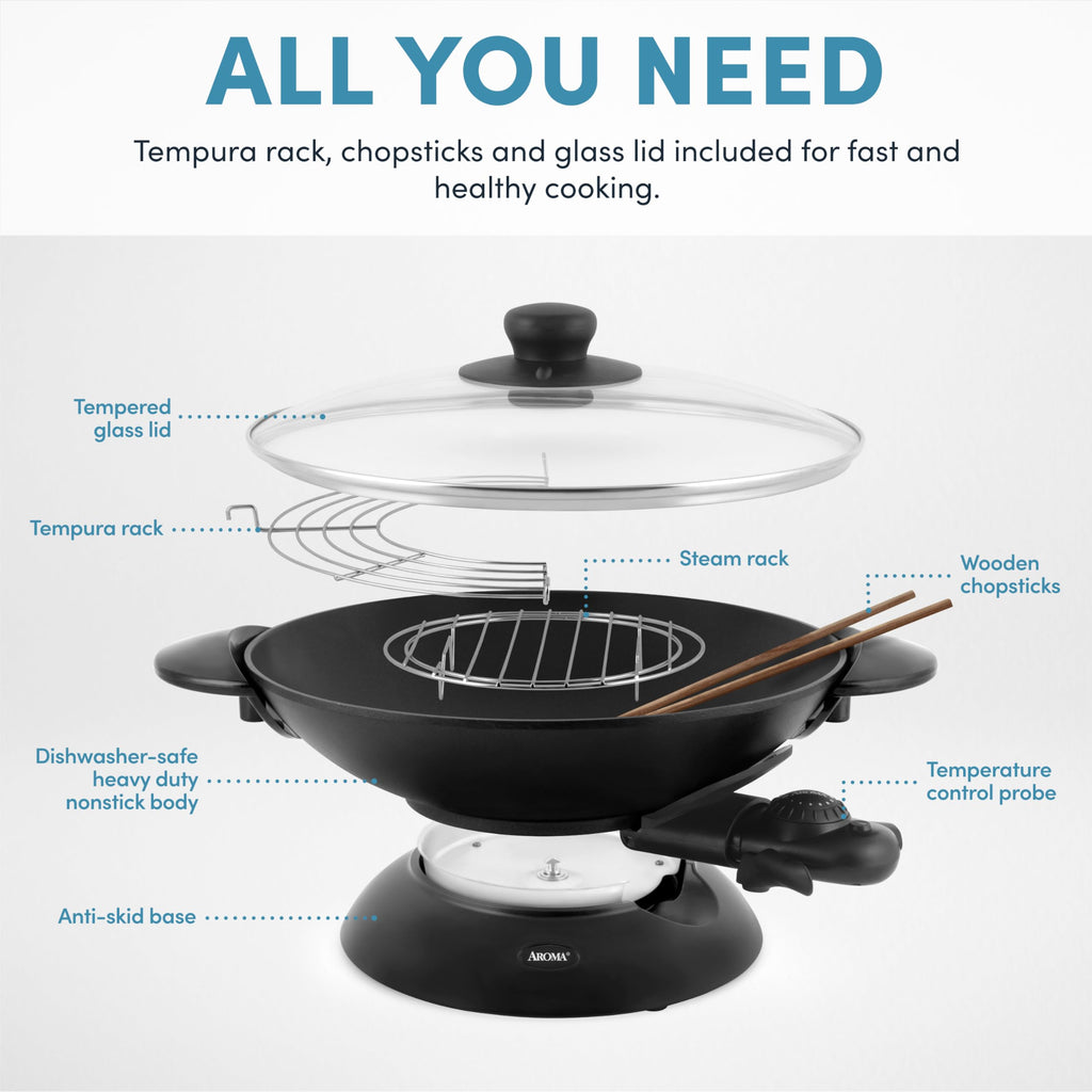 Електрична вок-сковорідка Aroma Housewares AEW-306 із кришкою із загартованого скла, антипригарним покриттям, що легко очищується, палички для їжі, решітки для темпури та приготування на пару, професійна модель, чорний колір
