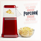 Nostalgia Hot-Air Elektryczna Maszyna Do Popcornu, 8 Kubków, Zdrowy Popcorn Bez Oleju z Miarką, Retro Czerwony