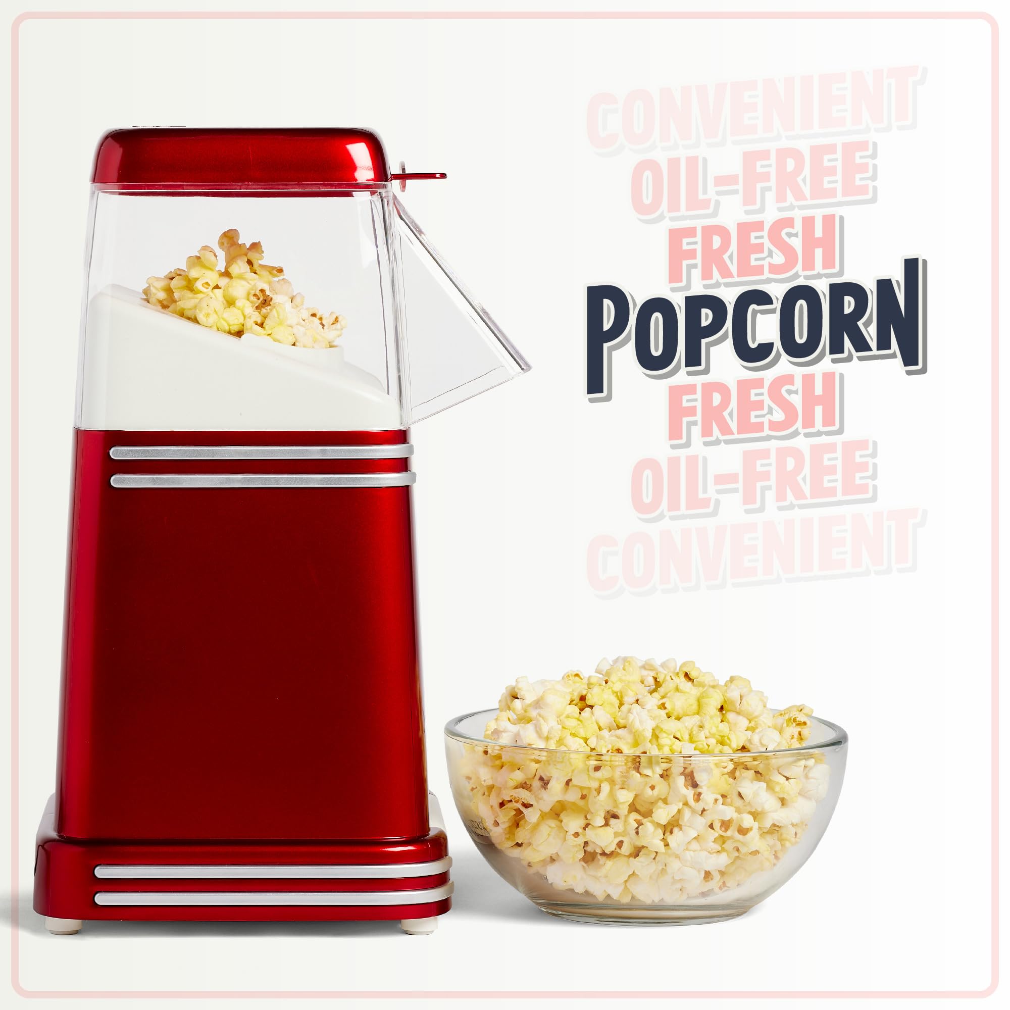 Nostalgia Hot-Air Elektryczna Maszyna Do Popcornu, 8 Kubków, Zdrowy Popcorn Bez Oleju z Miarką, Retro Czerwony