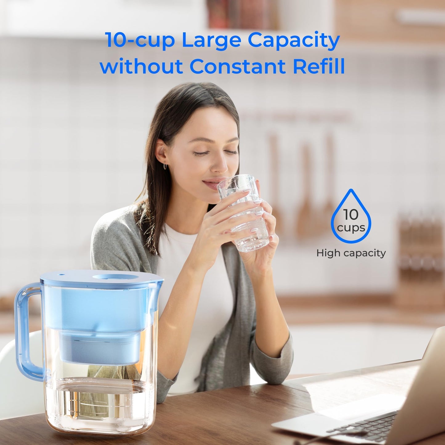 Waterdrop Water Filter Pitcher with 1 Filter, 200-Gallon Long-Life, 10-Cup Large Water Filter Pitcher, NSF Certified, 5X Times Lifetime, Reduces PFOA/PFOS, Chlorine, Blue