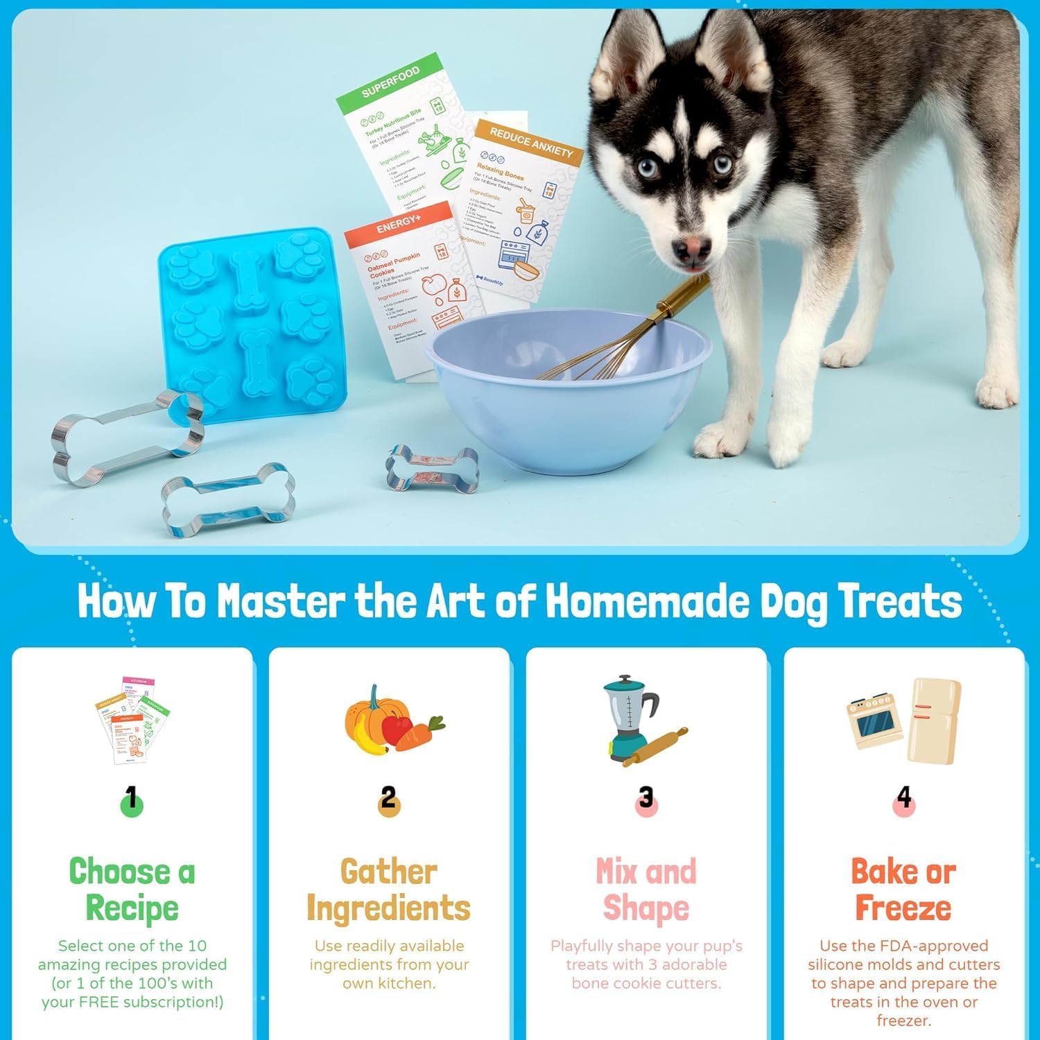 Homemade Dog Treats Set Silicone Molds Cookie Cutters with Healthy Vet Approved Recipes, Puppy Treats with Paws & Bones Food Grade Silicone Trays and for Candy and Dog Ice Cubs