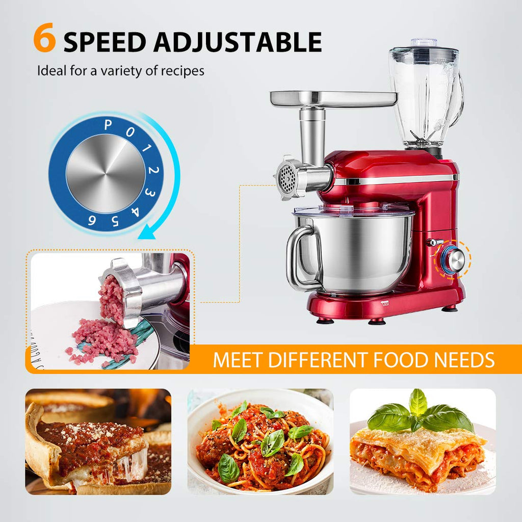VIVOHOME 3 w 1 wielofunkcyjny mikser stojący z 6-litrową misą ze stali nierdzewnej, 650 W, 6-biegowa maszynka do mięsa z odchylaną głowicą, blender do soków, czerwony