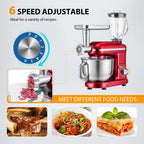 VIVOHOME 3 w 1 wielofunkcyjny mikser stojący z 6-litrową misą ze stali nierdzewnej, 650 W, 6-biegowa maszynka do mięsa z odchylaną głowicą, blender do soków, czerwony