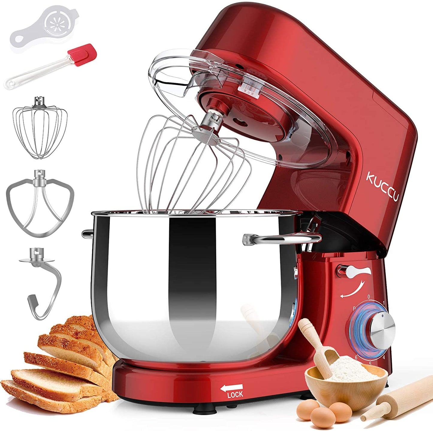 9.5 QT Double Handle KUCCU Stand Mixer, 6 Speed with Pulse Electric Kitchen Mixer, 660W Tilt-Head Food Mixer with Dishwasher-Safe Dough Hook, Flat Beater, Whisk, Splash Guard for home baking (Red)