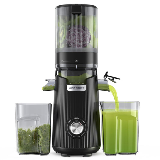 ACOQOOS Juicer Machines, Cold Press Juicer Whole Fruit and Vegetable with 5.3" Wider and Larger Feeding Chute (Capacity 1.8L), Easy to Clean Juicers with 2 Cups, Masticating Juicer Black