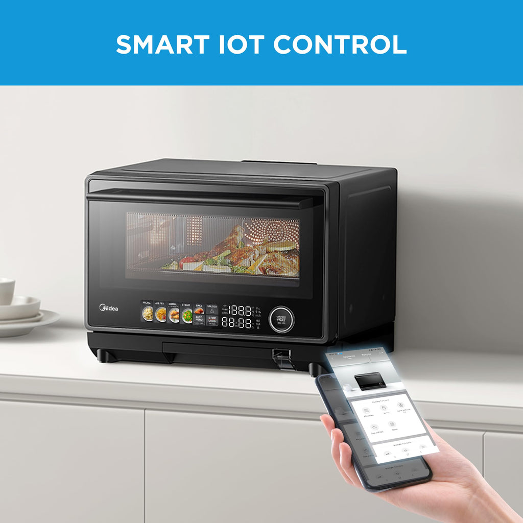 Midea 4 w 1 wielofunkcyjny piekarnik mikrofalowy parowy, frytkownica na gorące powietrze, parowar i kuchenka mikrofalowa, 32 funkcje automatyczne, regulowana moc i temperatura, kolorowy ekran dotykowy, 0,9CU.FT./23L