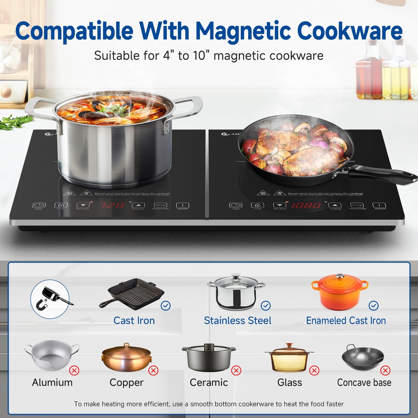 Double Induction Cooktop AMZCHEF Induction Cooker 2 Burners, Low Noise Electric Cooktops With 1800W Sensor Touch, 20 Temperature & Power Levels,Independent Control,3-hour Timer, Safety Lock